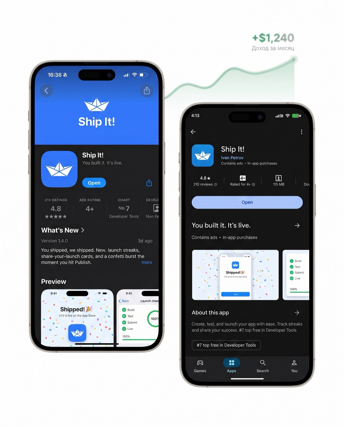Пример: приложение опубликовано в App Store и Google Play и приносит доход